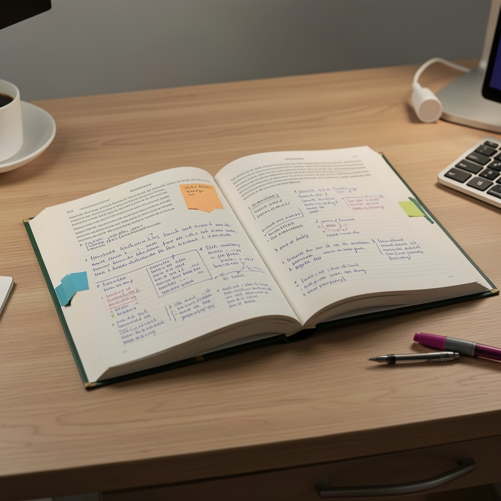 Geöffnetes Ernährungsfachbuch auf einem Schreibtisch mit Markierungen und handschriftlichen Notizen, kontrolliertes Studiolicht