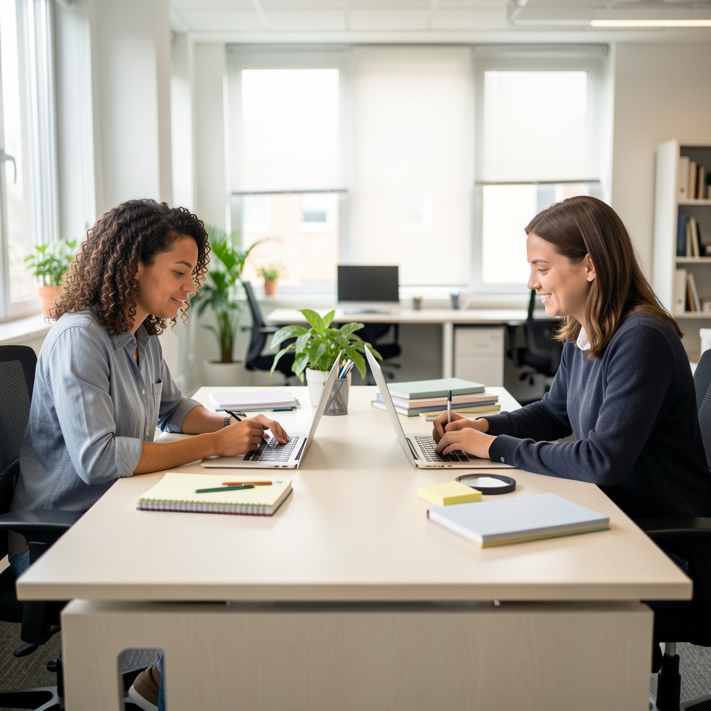Redaktionsteam bei der Arbeit — zwei Personen am Schreibtisch mit Notizblöcken und Laptop, helles Bürolicht