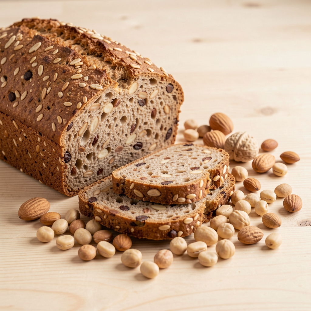 Vollkornbrot, Hülsenfrüchte und Nüsse auf einem hellen Holztisch, natürliche Lebensmittel arrangiert